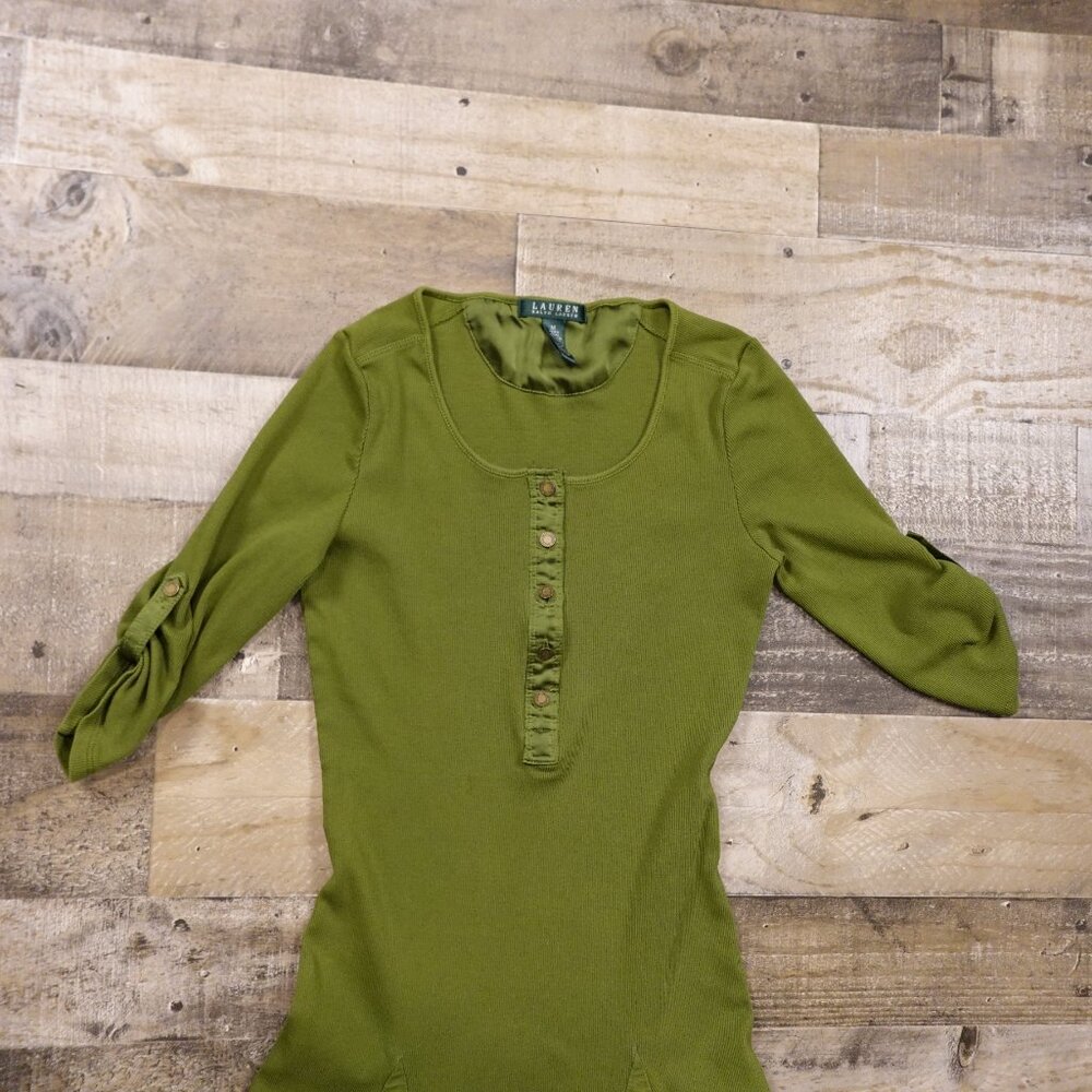 Lauren Ralph Lauren Women’s Ribbed Knit Dress Medium Olive‎ Green Button Front - Picture 2 of 11